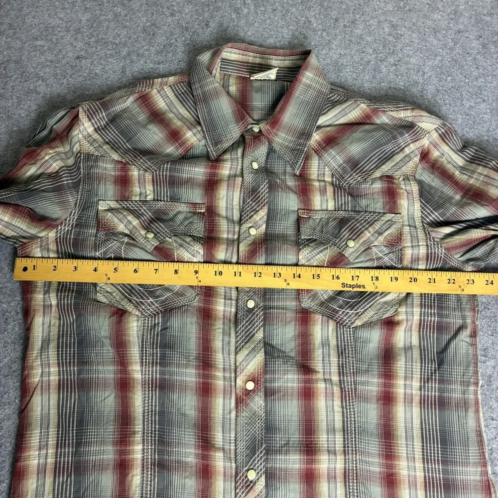 True Religion Mens Plaid Western Pearl Snap Shirt Red Tan Horseshoe Pocket XXL
